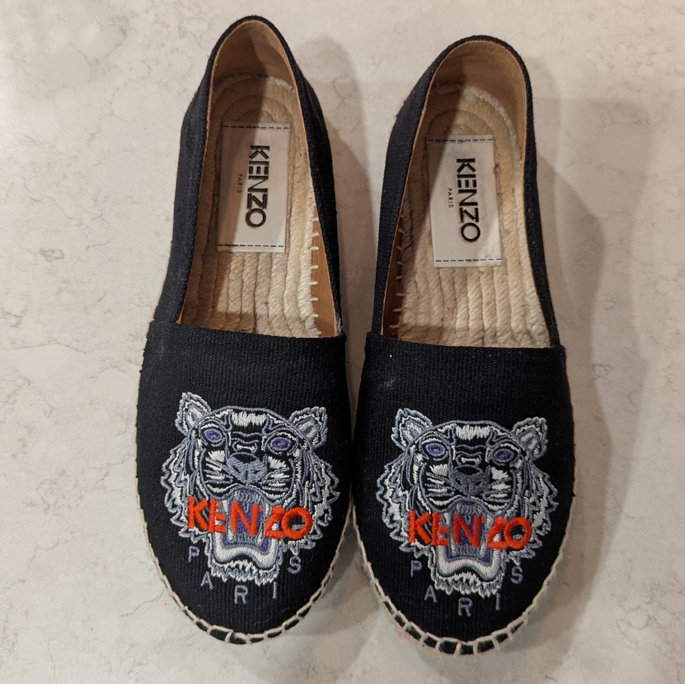 Kenzo Tiger‎ Espadrilles Black Canvas Logo Flats Size 36